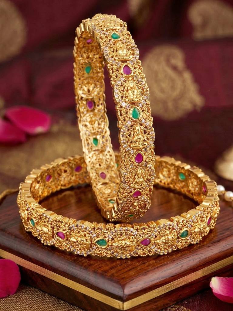 Gold Plated Laxmi Ji Idol Temple Ad Bangle For Women With Pink & Green Stones | Heavy Bridal Wedding Fes : 1174-C1BG-2215-2-24