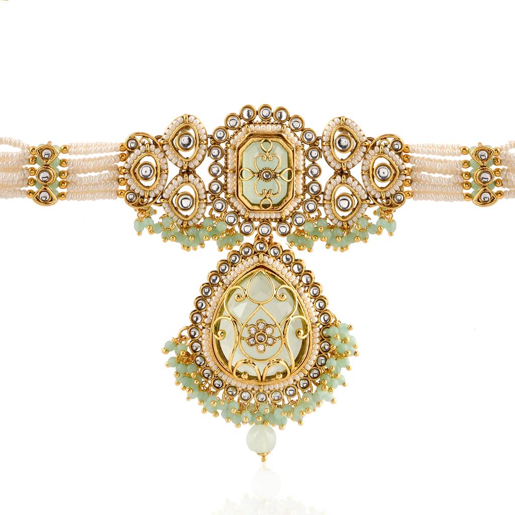 Kundan Opulance Light Green Cz-Pearl Beaded Yellow Gold-Plated Choker Set : 8905124585414