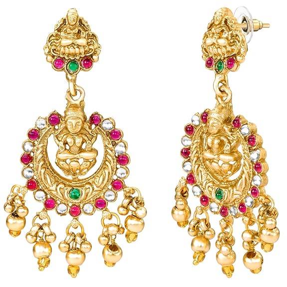 Ethnic Lakshmi Motif Necklace Dangle Earrings Set For Women & Girls Gold Plated Faux Emerald Ruby Traditional Tem : PF47N70RPG