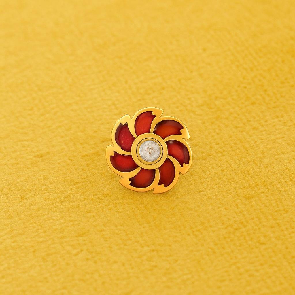 Enamel Floral Nose Pin - Sterling Silver Gold Plated : NP-00033_925S_YG_WCZ_RED