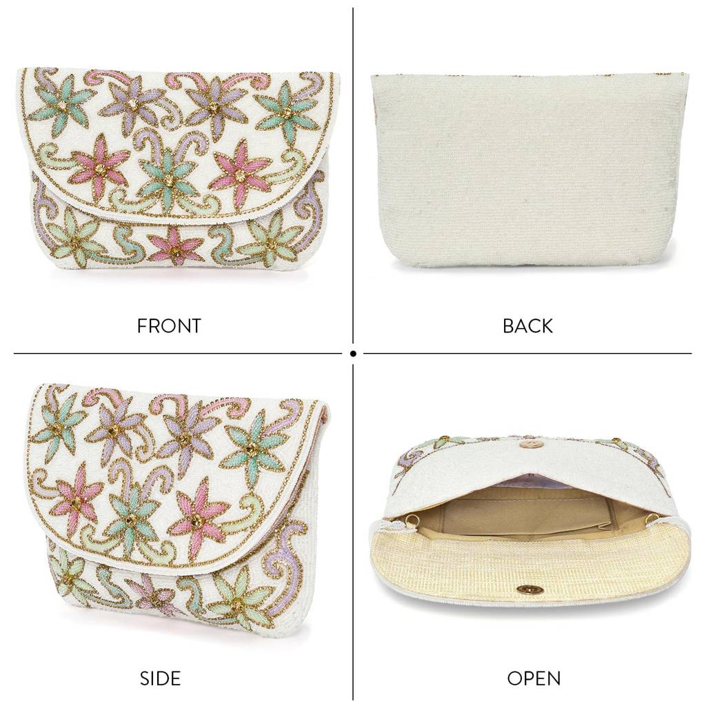 White Floral Clutch Bag Ethnic Purse For Women & Girls : C182W