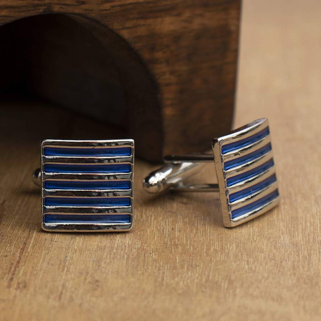 Combo Of Classic Shirt Cufflinks With Black & Blue Stripes Design Gift For Men : PX9CL09-PX9CL09BL