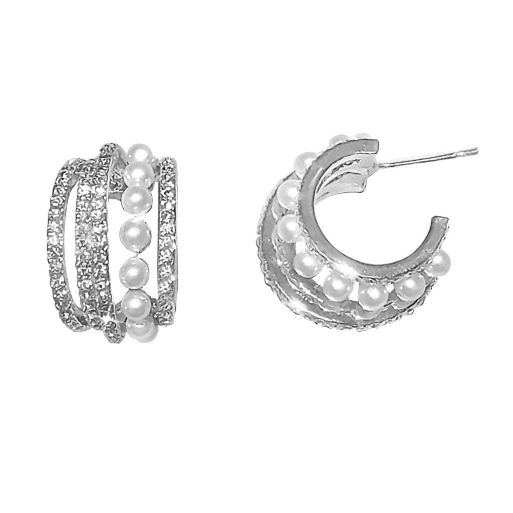 Silver Plated Cubic Zirconia & Pearl Studded Half Hoop Earrings Fancy Fashion Jewellery Gift For Women & Girls : PX9E3060W