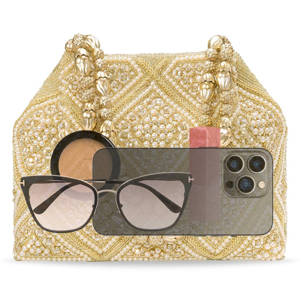 Golden Embellished Potli Bag Ethnic Trendy Wristlet Purse For Women & Girls : P218G