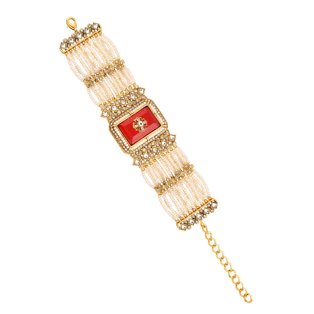 Kundan Opulance Maroon Cz Pearl-Beaded Yellow Gold-Plated Bracelet : 8905124585469