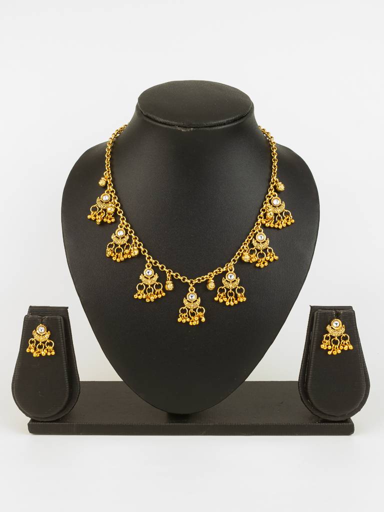 Gold-Plated Traditional Jhumka Necklace Set For Women | White Stone Ethnic Jewellery With Earrings | Bridal & Festive : NK4802