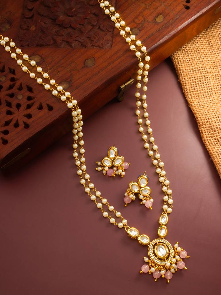 Gold Plated Kundan And Pink Pearl Long Necklace Set : NK4851