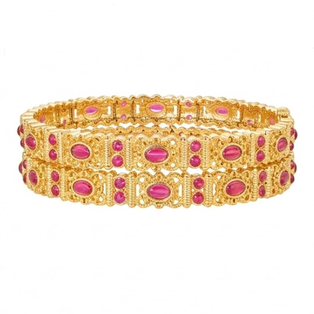 Ethnic Gold Plated Rani Pink Crystals Studded Bangles For Women | Faux Ruby Studded Chuda, Set Of 4, Size 2. : PF106B06RP-S4-8
