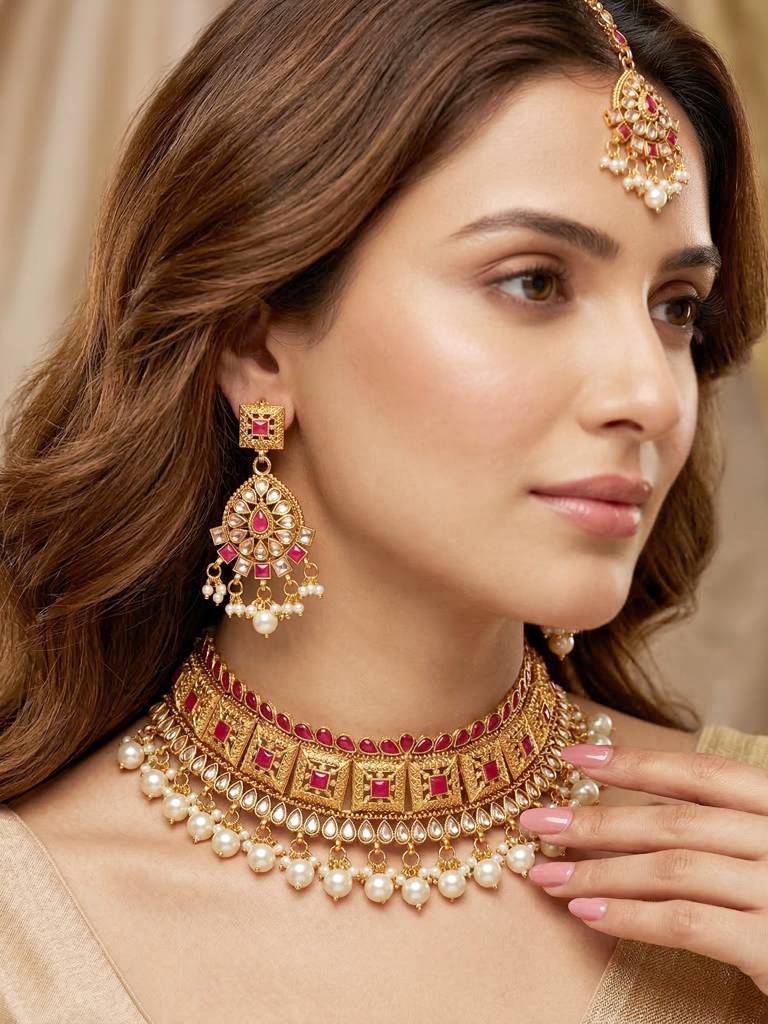 Gold-Plated Traditional Choker Necklace Set With Earrings & Maang Tikka For Women | Ruby Color Ethnic Bridal  : 866-G2SR-006-R
