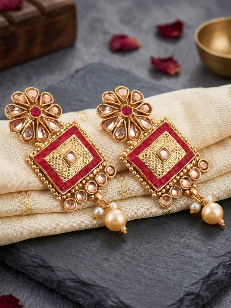 Gold-Plated Traditional Necklace Set With Earrings For Women | Ruby Color Ethnic Jewellery | Festive Wedding  : 726-G2SR-197-R