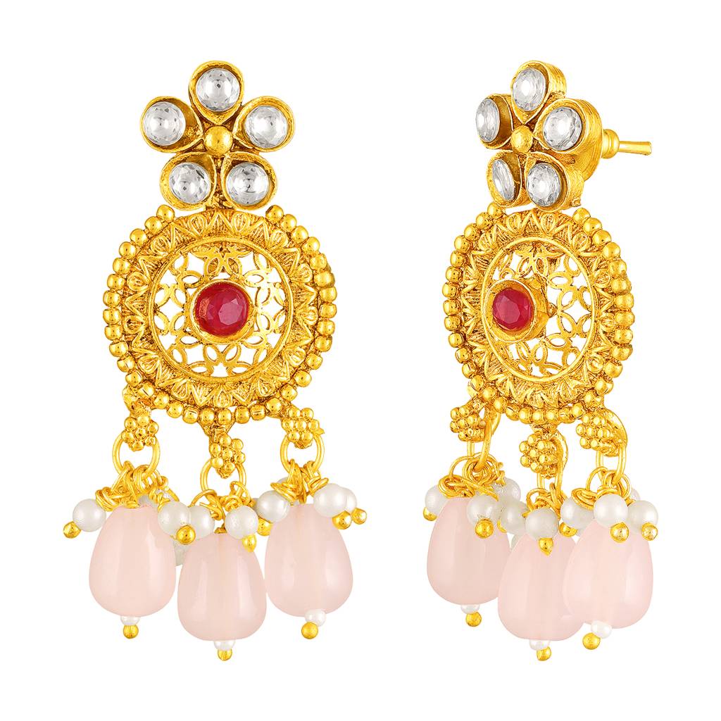 Ethnic Long Necklace Earrings Set For Women & Girls | Gold Plated | Kundan & Beads Studded | Maharani Haar South I : PF04N08RP