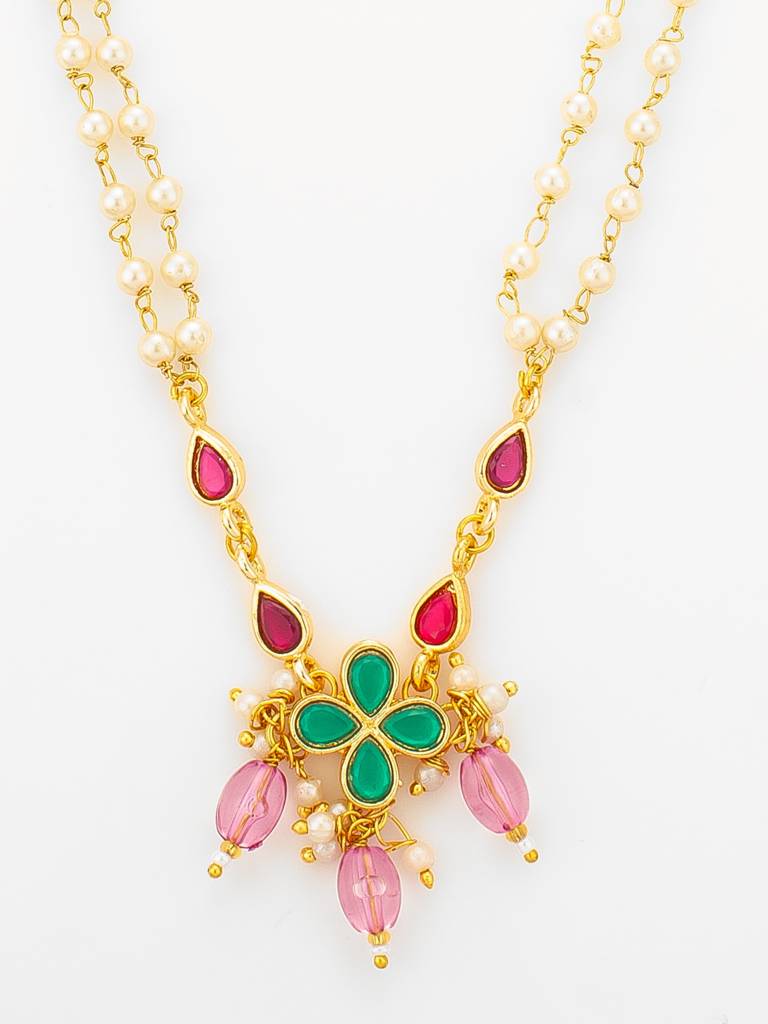 Gold Plated Double Layered Pearl Necklace With Floral Accents : NK4878