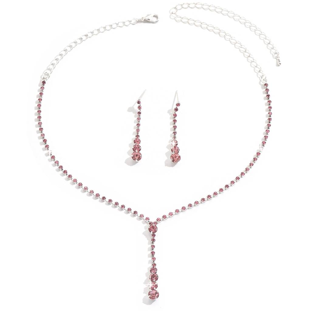 Silver Plated Pink Crystal Studded Necklace And Drop Earring Stylish Jewellery Set For Women & Girls : PX9N90