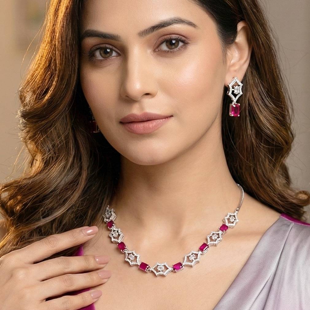 Silver-Tone American Diamond Necklace Set With Earrings For Women – Office, Party & Wedding Wear : 628-K4SA-2240-R-S