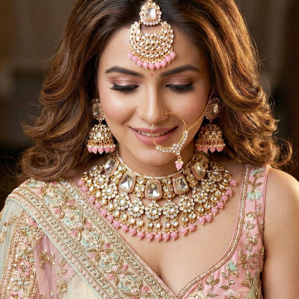 18 Kt Gold Plated Bridal & Semi-Bridal Necklace Set With Earrings, Maang Tikka & Nath : 2476-M8SK-1101-PK