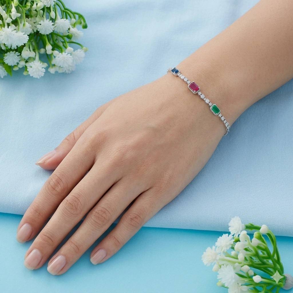 925 Sterling Silver Multi Gemstone Bracelet For Women : SKN26N2164