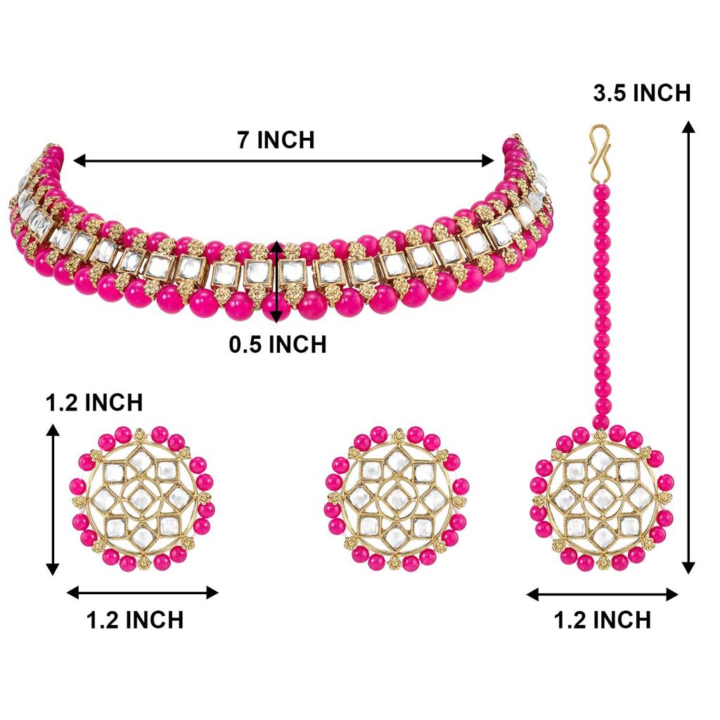 Traditional Gold Plated Kundan Choker Necklace Round Stud Earring & Maang Tikka Ethnic Jewellery Set Gift For Wom : PF28N227RP