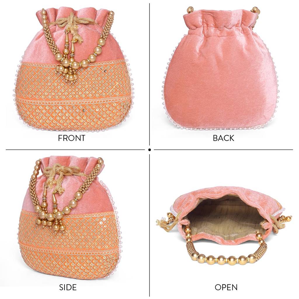 Zari Sequence Potli Bag With Beads Motif Handle For Women Handmade Handbag Stylish Bride Fashion Wristlet Bag For G : P197PK-F