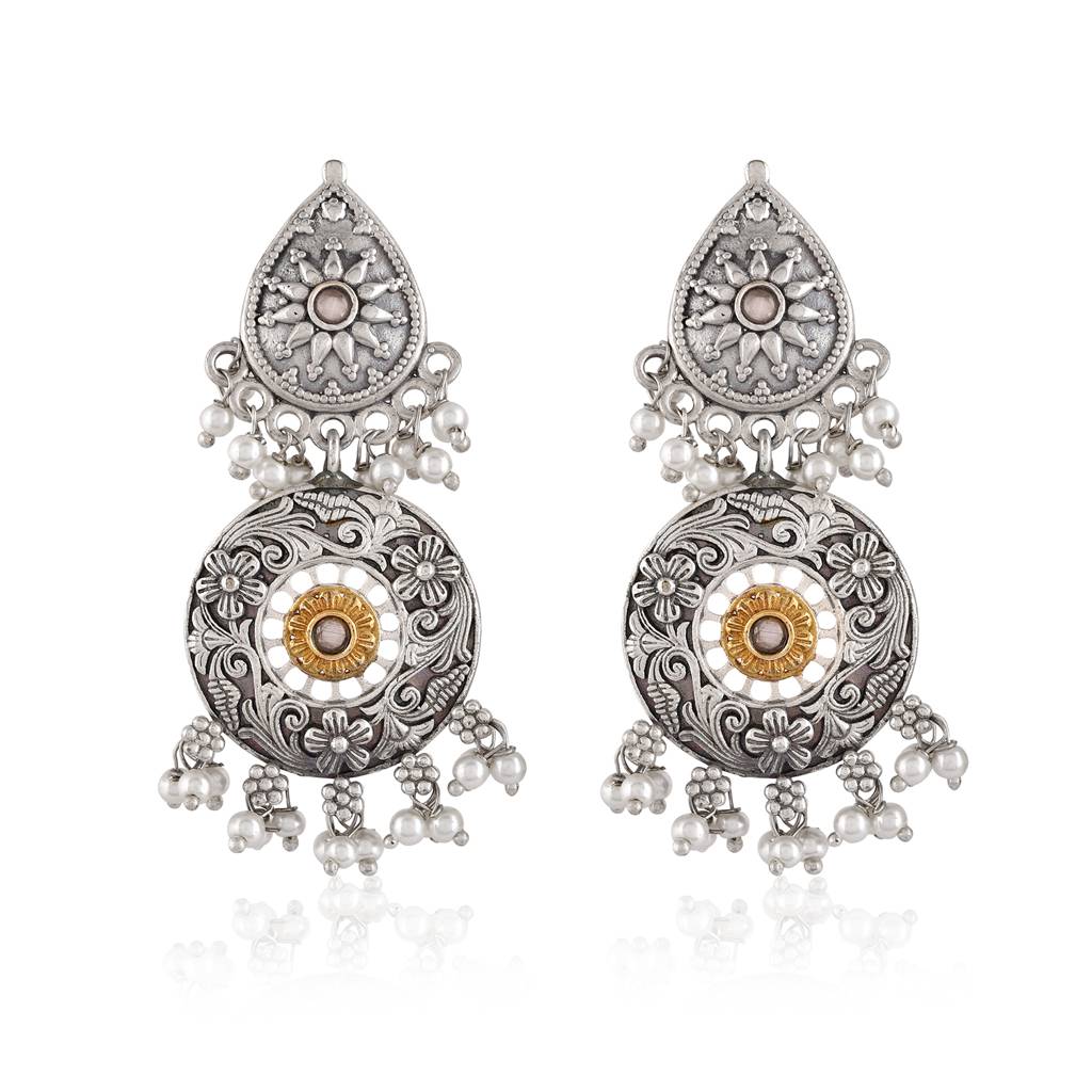Silver Oxidised Pearl Beaded Dangler Earrings - Antique Elegance : 8905124582406