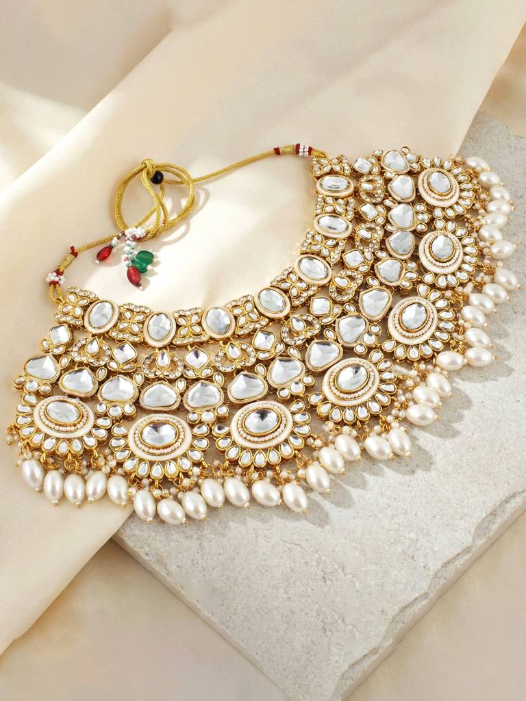 Traditional Kundan White Stone Jewellery Set For Women | White Meenakari Gold Plated  Ethnic Necklace Set Wi : 4125-IZR-2414-W