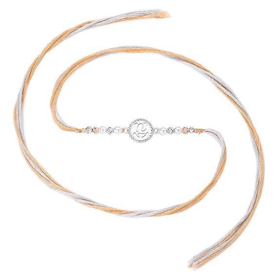 925 Sterling Silver Ganesha & Beads Studded Rakhi For Brother Bhaiya Cream & Grey Thread Raksha Bandhan Hamper With R : R18S03