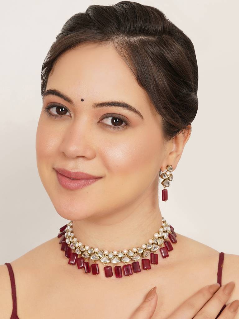 Ruby Kundan Drop Necklace Set With Matching Earrings : ACN092