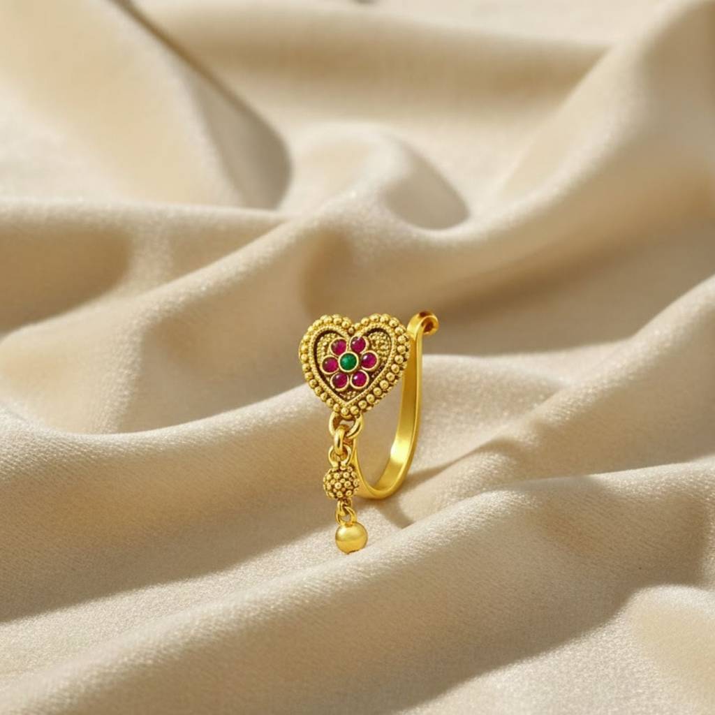 Floral Ruby & Green Stone Heart Clip-On Nose Pin 925 Sterling Silver Yellow Plated : CNP-0033