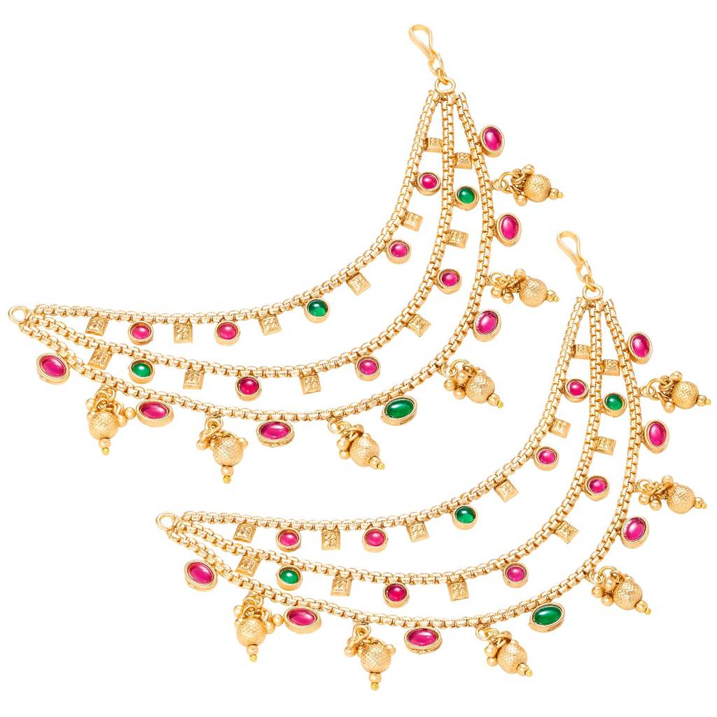 Gold Plated Rani Pink Green 3 Layer Earring Chain Jewellery For Women : PF109EC02RPG