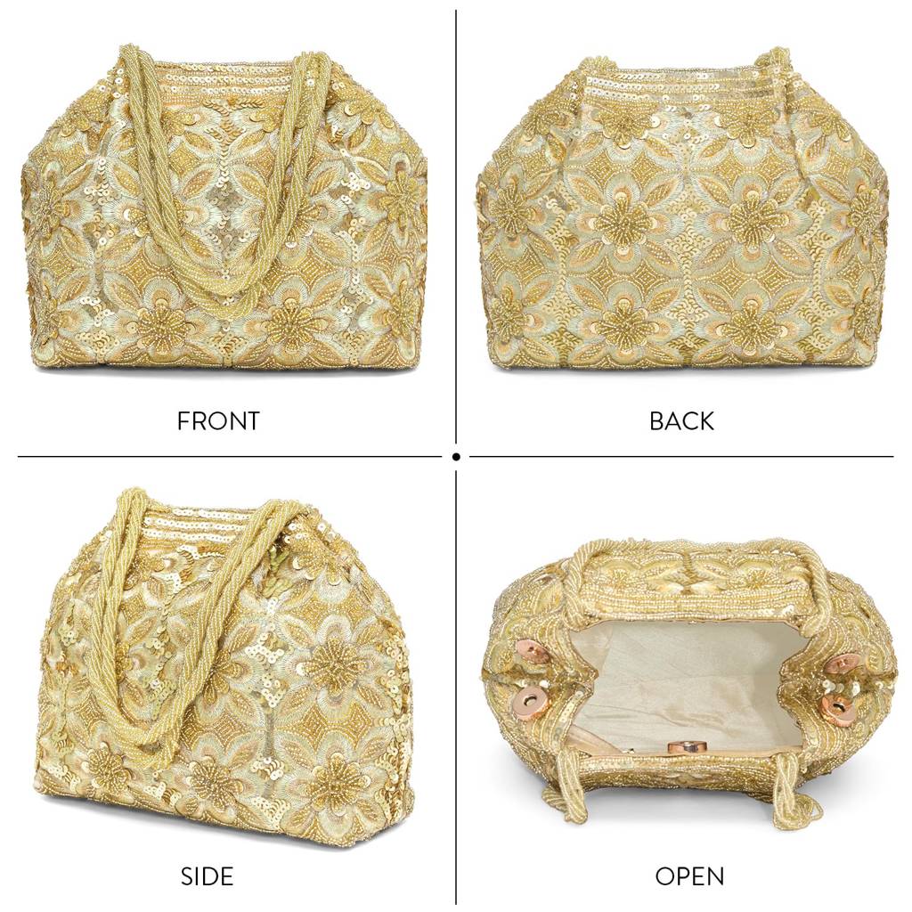 Golden Embroidery Potli Bag Ethnic Wristlet Purse For Women & Girls : P215G