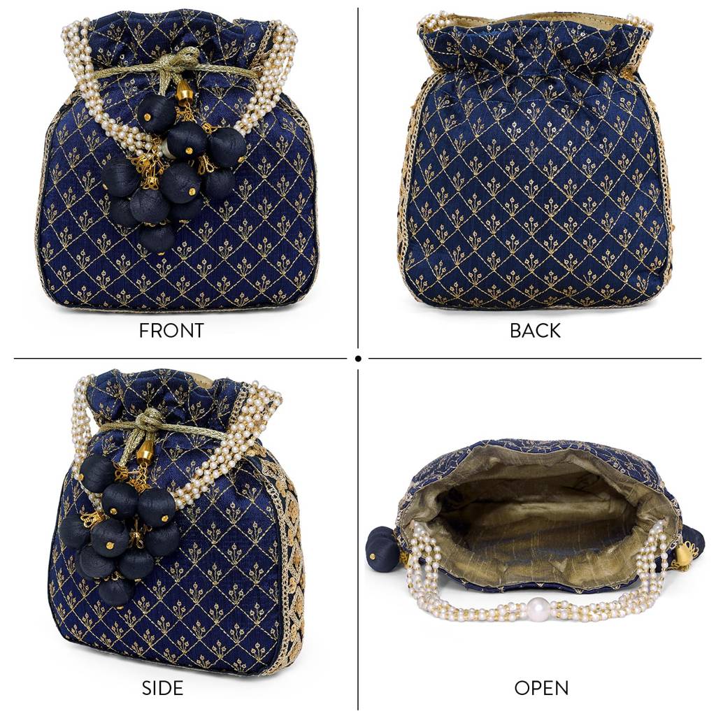 Zari Sequence Potli Bag For Women Stylish Handmade Wristlet Handbag Bridal Purse : P26B