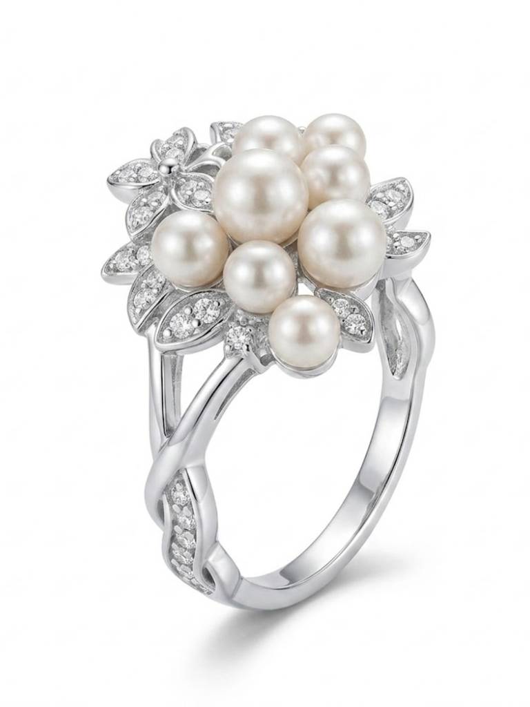 925 Sterling Silver Freshwater Pearl Floral Statement Ring For Women : R-30-8