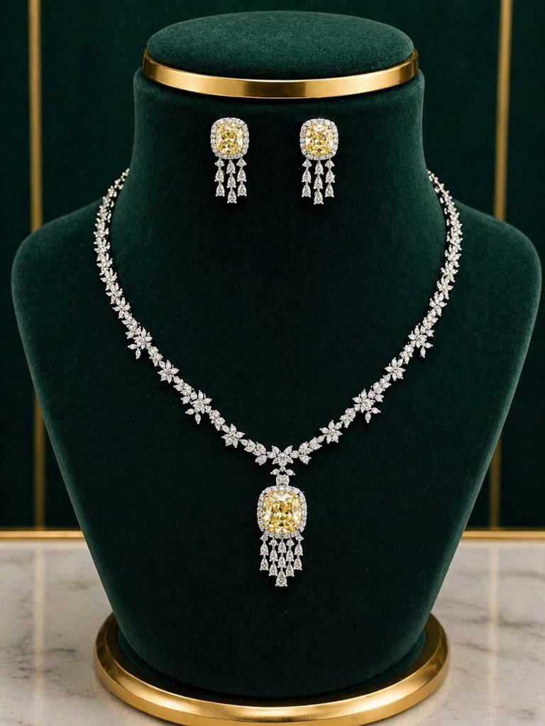 Yellow Cushion And Fancy Diamond Bridal Wedding Necklace Set With Earrings : 500074