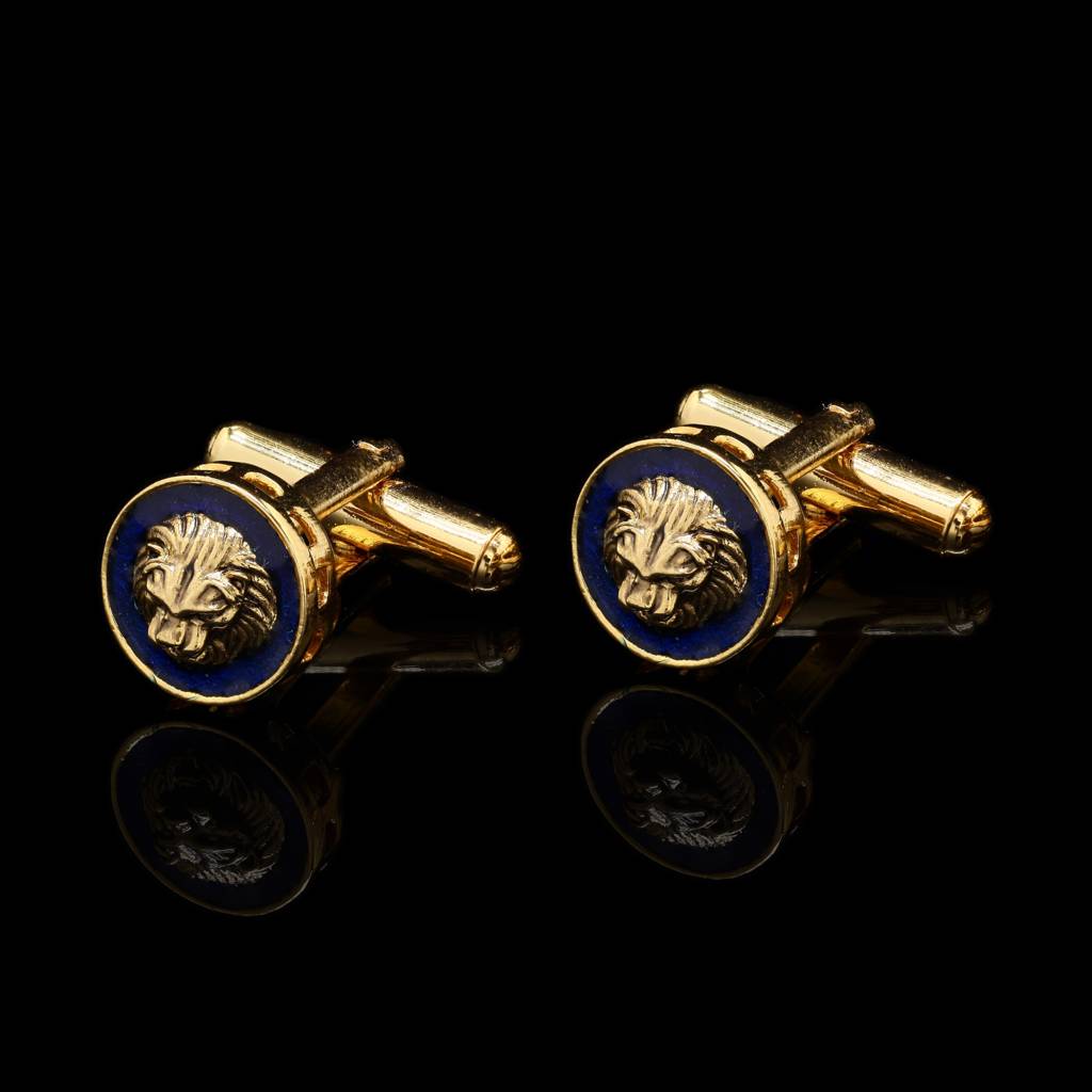 Navy Blue Enamel Gold Finish Lion Face Men'S Cufflink Pair : 700001_2