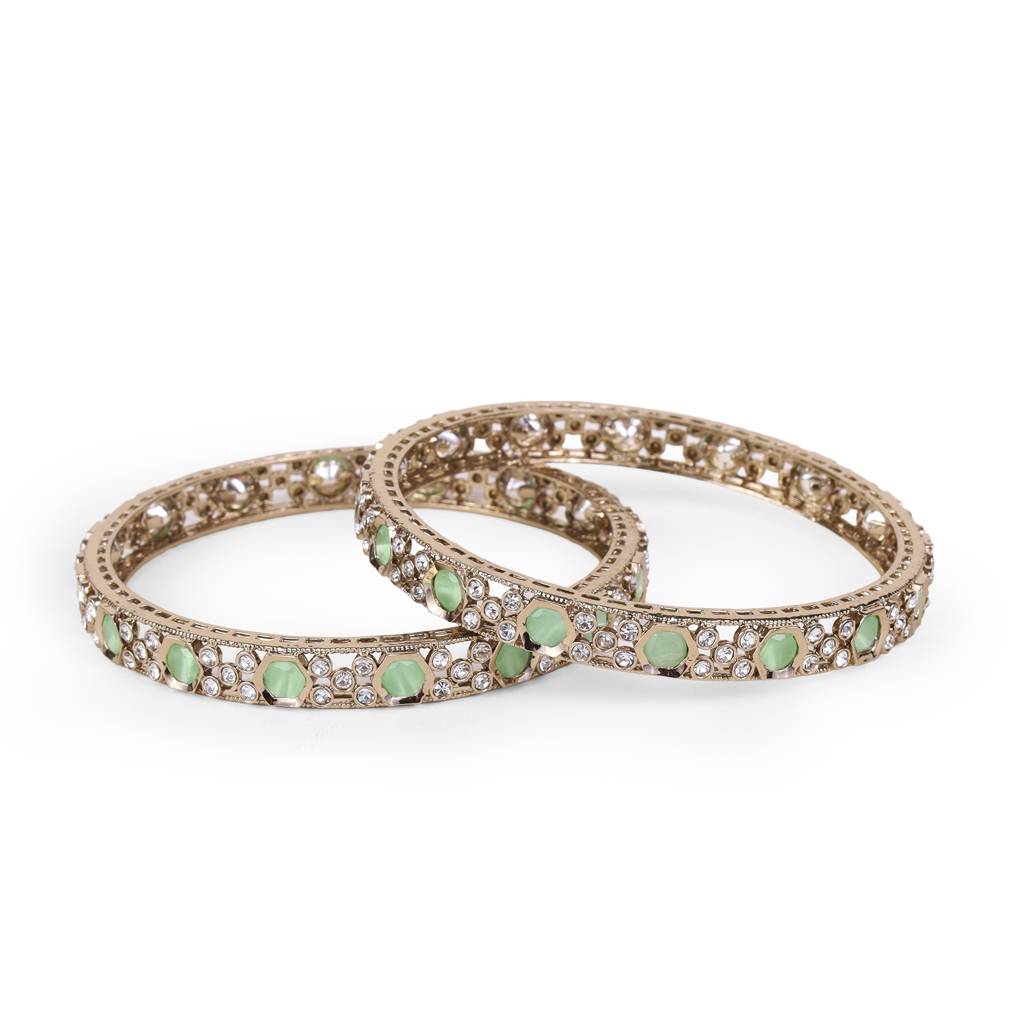 Luxurious Green Crystal Antique Gold Plated Set Of 2 Bangles For Women : 6BG174_210