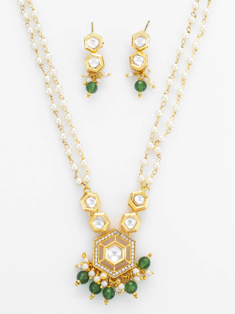 Long Pearl Strand Hexagonal Necklace Set : NK4850