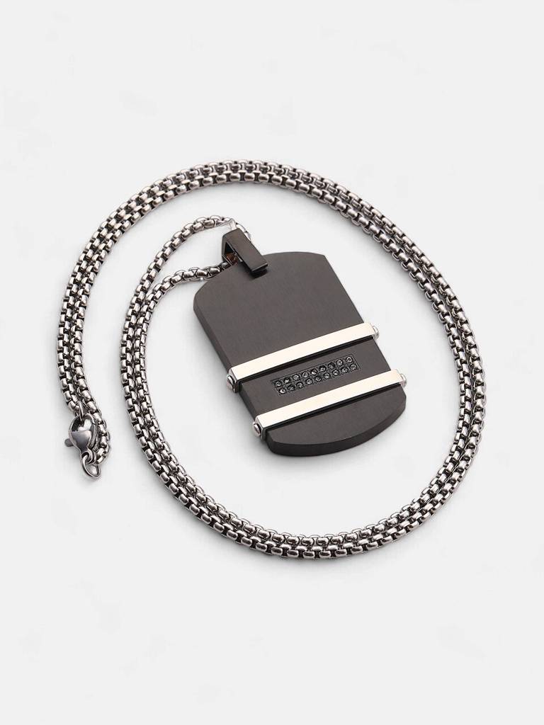 Men'S The Lined Plate Pendant Necklace - Onyx Black:Metallic Silver : FANC1094