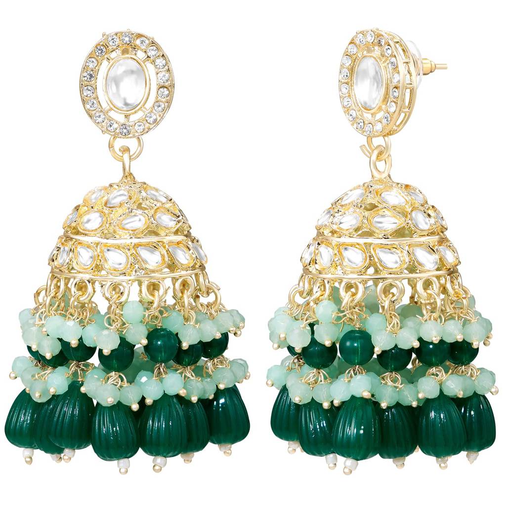 Gold Plated Green Kundan & Beads Studded Jhumka Earrings For Women : PF09E849GRN