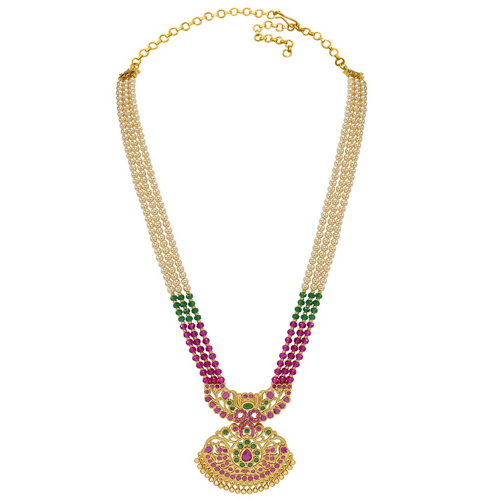 Ethnic Beads Layered Long Necklace For Women & Girls Gold Plated Faux Ruby Emerald & Pearl Studded Traditional Fe : PF10ML28RG