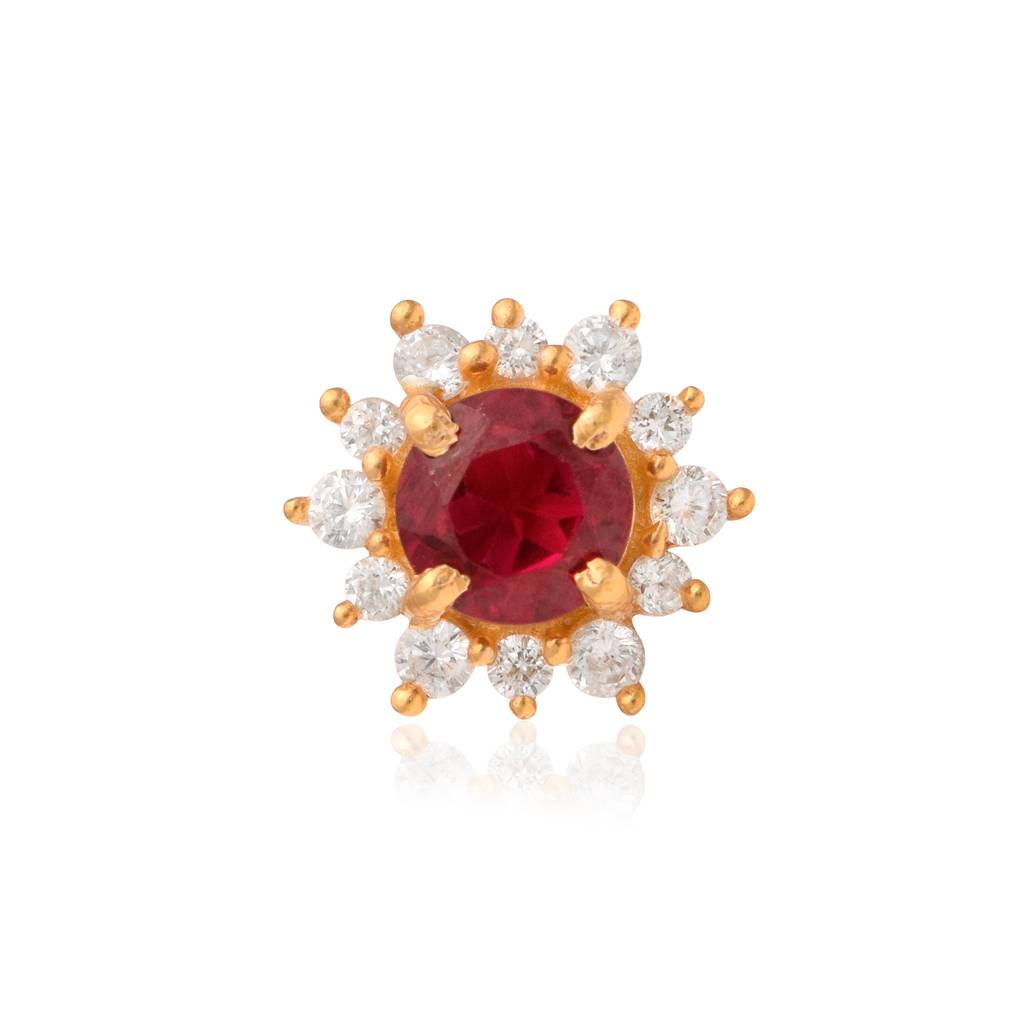 Red Cz Halo Floral Design Nose Pin 925 Sterling Silver Gold Plated : NP-00286