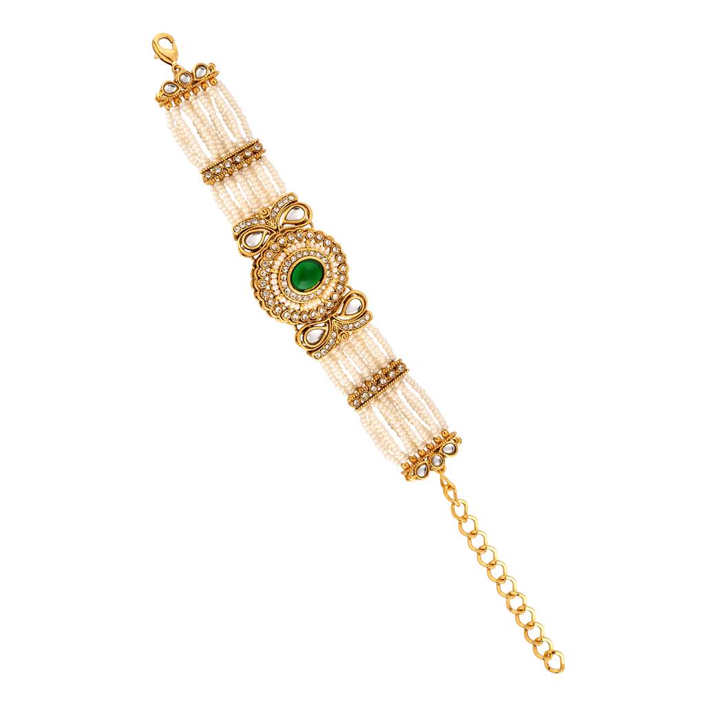 Kundan Opulance Green Oval Cz-Pearl Beaded Yellow Gold-Plated Bracelet : 8905124585483