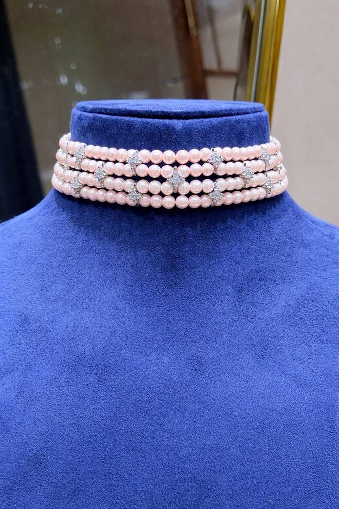 Anti Tarnish Pink Pearl Layered Choker Necklace Set With Earrings For Women | Pink Pearl Wedding, Party Wear & Fest : 500055_2