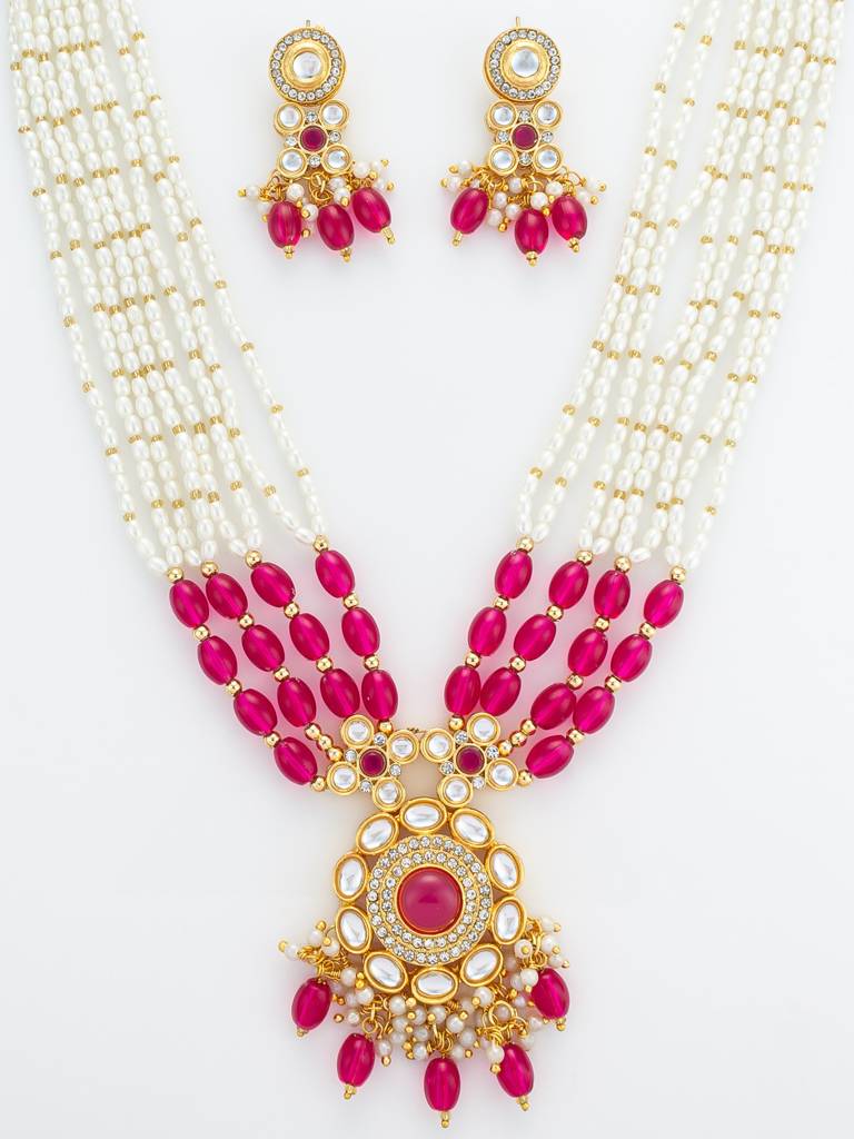 Gold Plated Multi-Strand Pearl & Pink Bead Necklace Set : NK4865