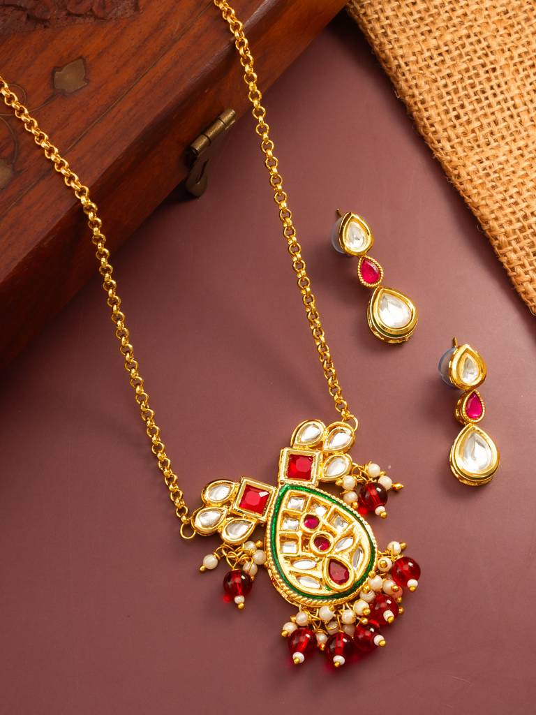 Ruby Red Kundan Gold Plated Traditional Pendant Necklace Set : NK4845