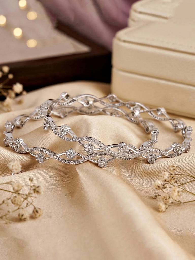 Rhodium Plated Ad Designer Wave Pattern Bangle For Women | Elegant Diamond Look Party Wear Kada Jewellery : 1229-C1BG-2217-2-24