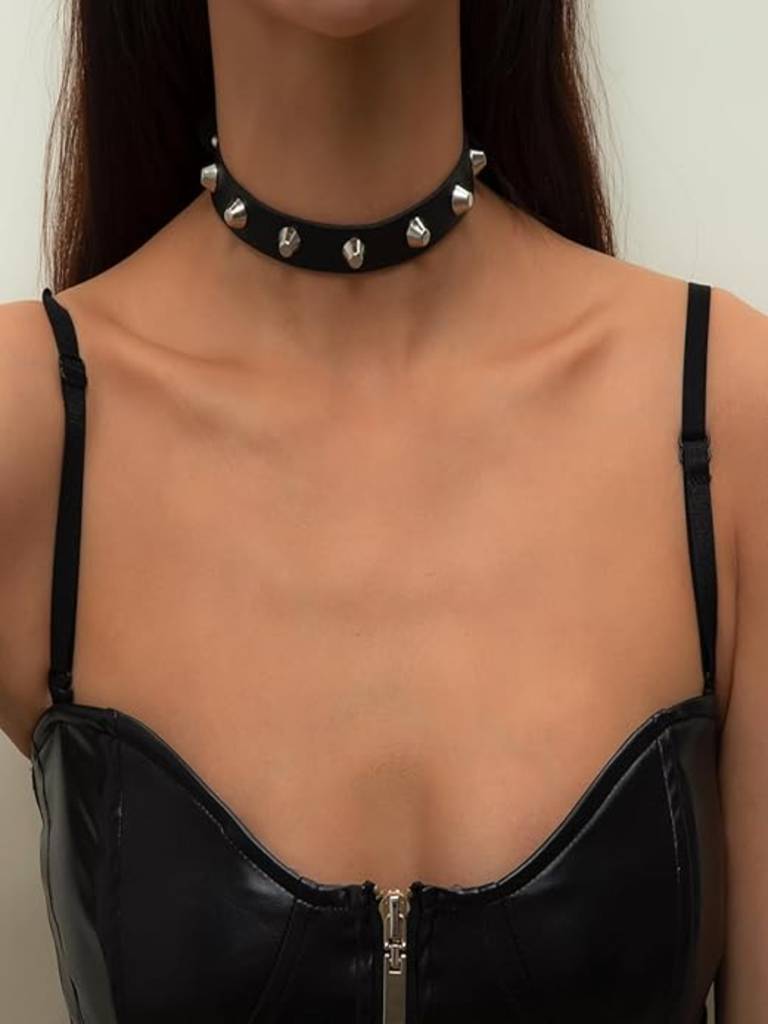 Black Faux Leather With Metal Spike Choker Necklace : ASK0121N218