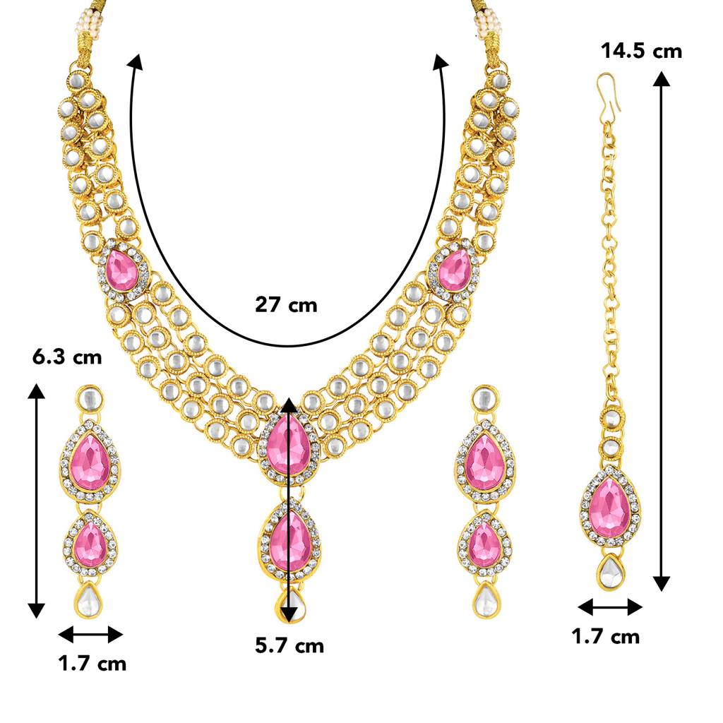Peora Gold Plated Traditional Kundan Studded Long Necklace Jewellery Set With Earring Maang Tikka For Women Girls : PF25N009PK
