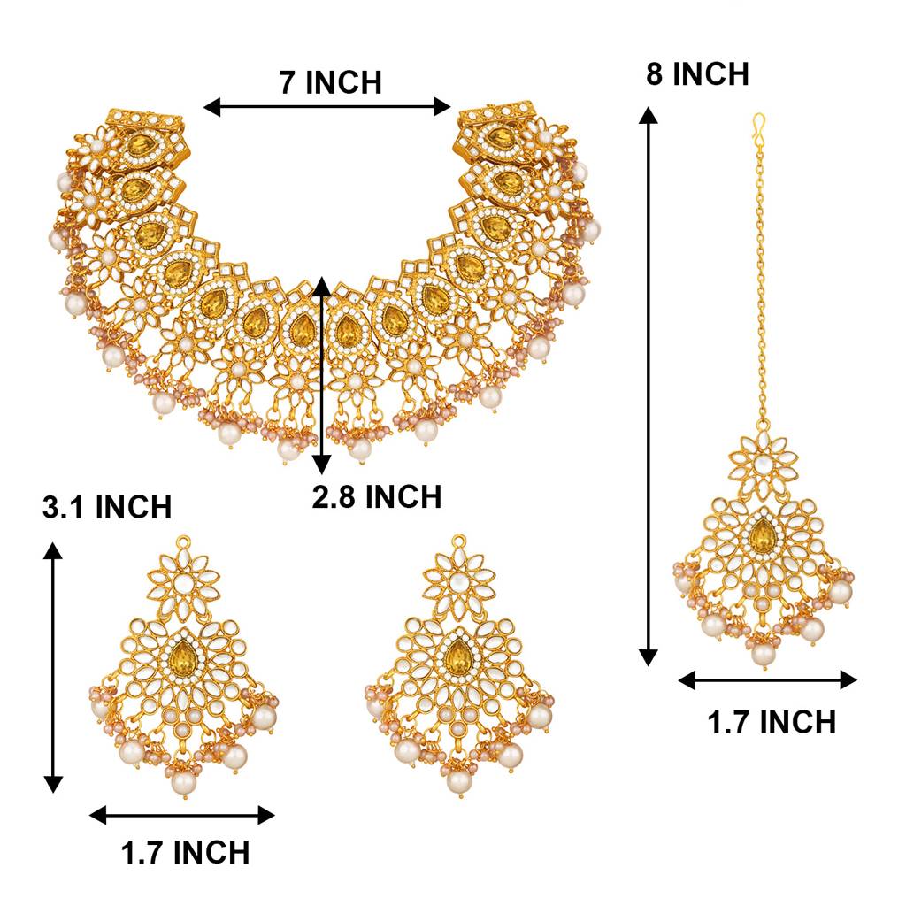 Peora Gold Plated Kundan Dangling Pearls Necklace Earring Maangtikka Jewellery Set For Women : PF28N126LCT