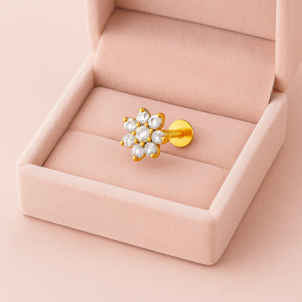 White Cz Round Six-Petal Floral Nose Pin 925 Sterling Silver Gold Plated : NP-0018-N-1-snp-0039