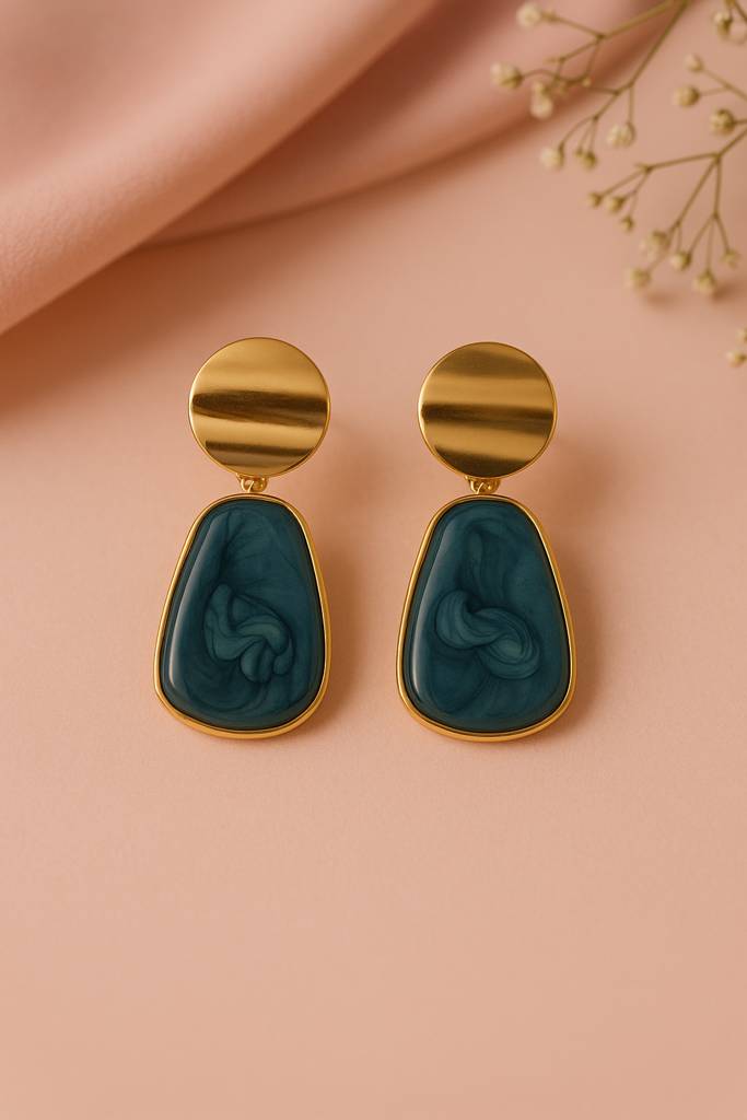 Gold-Tone Teal Stone Drop Earrings : HCE-599-A8040