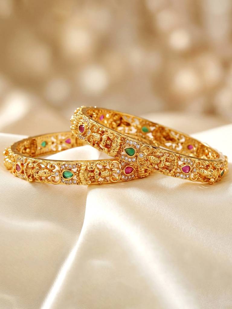 Gold Plated Laxmi Ji Temple Design Ad Bangle For Women With Pink & Green Stones | Traditional South India : 837-C1BG-2205-2-24